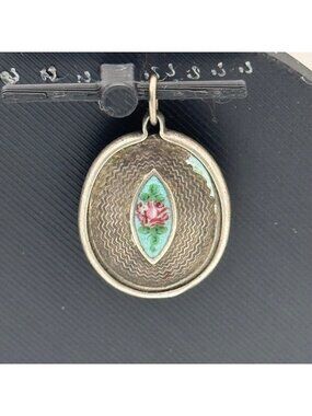 Guilloche Antique Virgin Mary Pendant Sterling enamel back religious Medal Charm